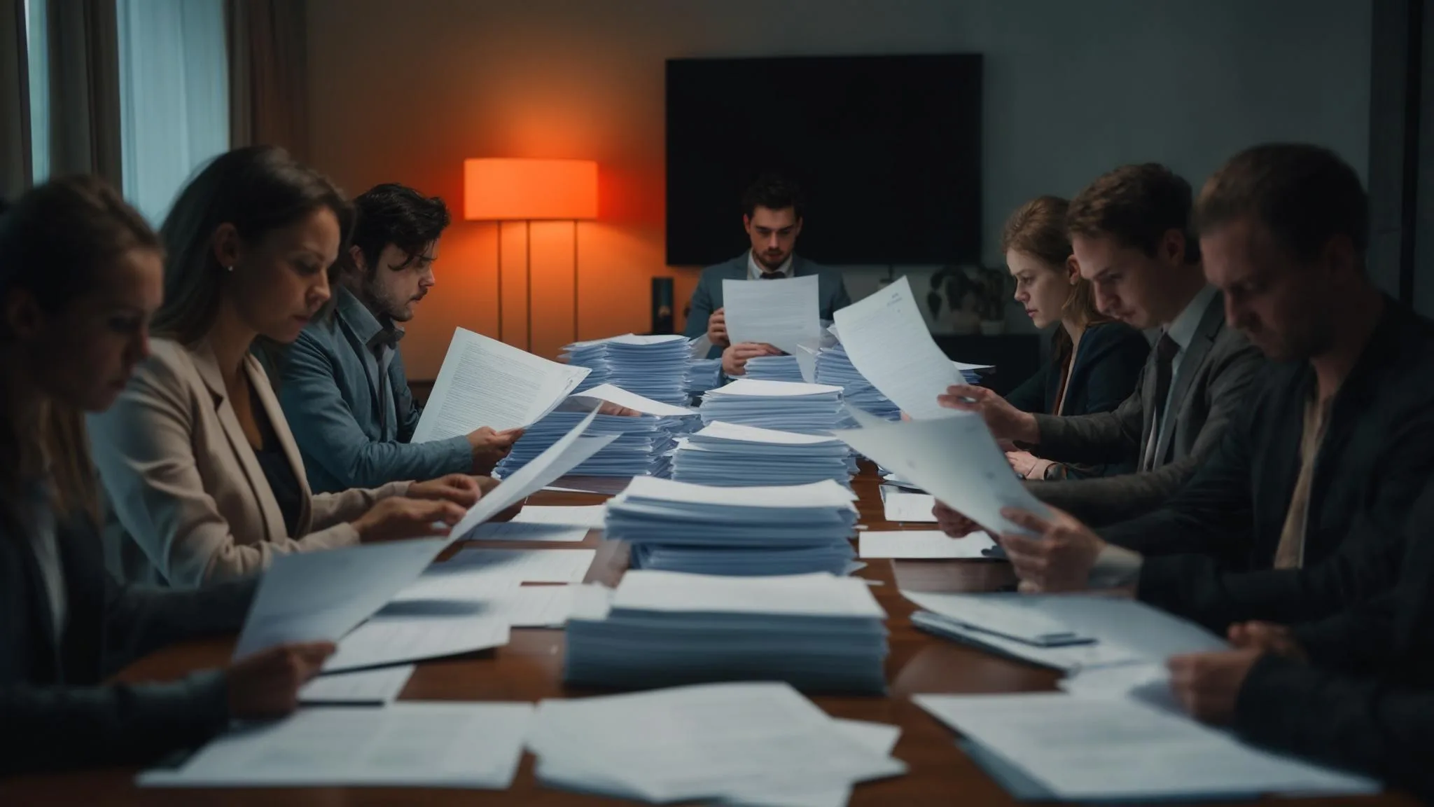 Team reviewing cloud architecture requirements on printed documents around a conference table, warm orange accent lamp in background