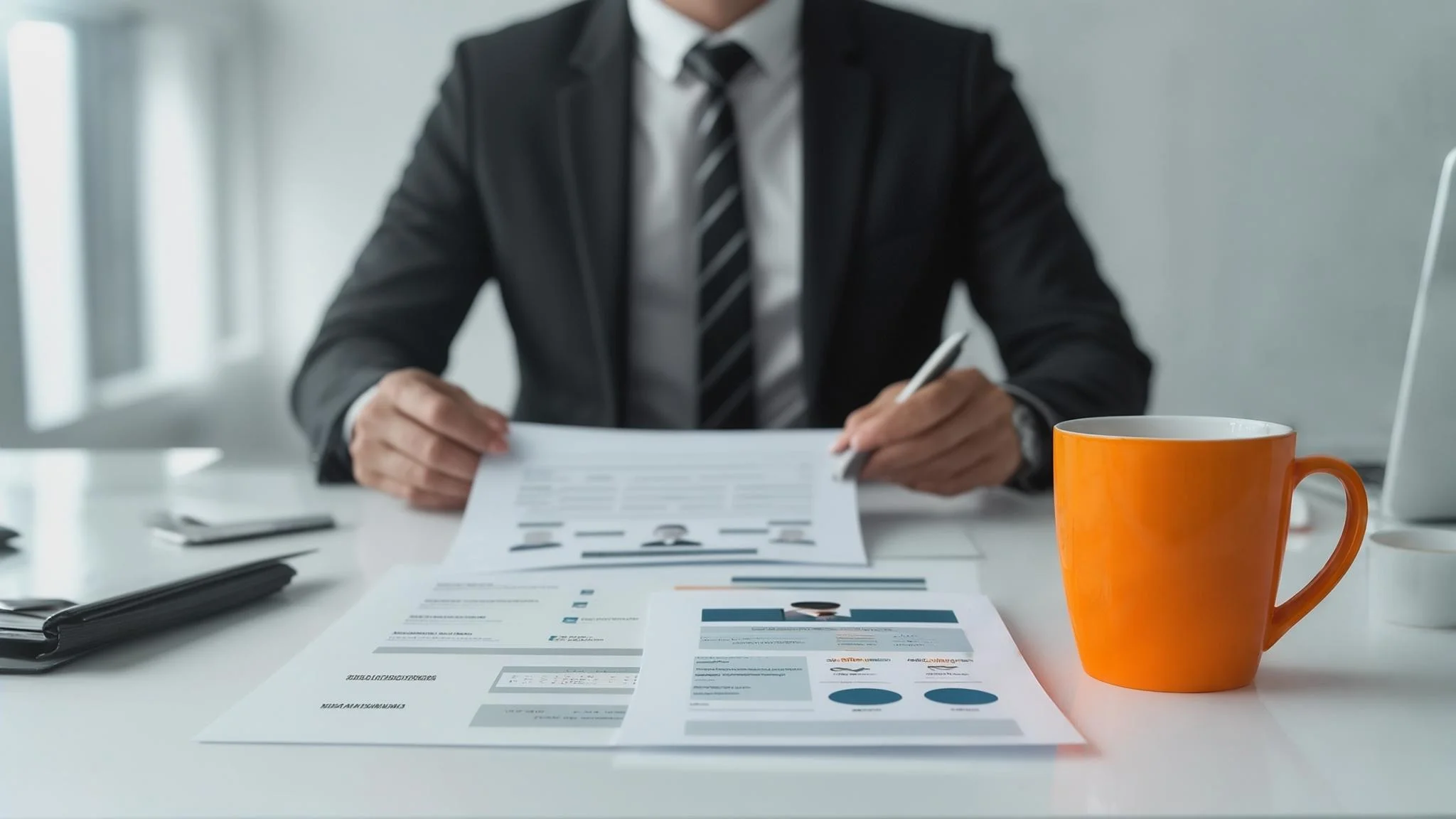 Engineering manager reviewing nearshore data engineer candidates on a laptop in a modern office, orange coffee mug on the desk