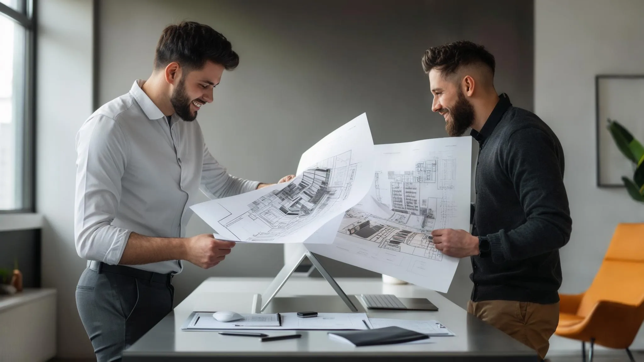 New DevOps engineer at a standing desk reviewing pipeline documentation with a team lead, orange accent chair in the background