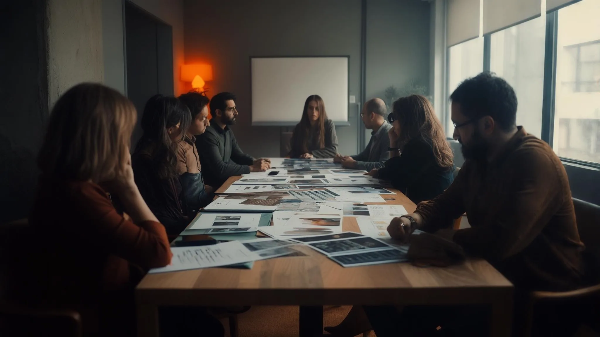 Team reviewing DevOps requirements and pipeline architecture on printed documents around a conference table, warm orange accent lamp in background