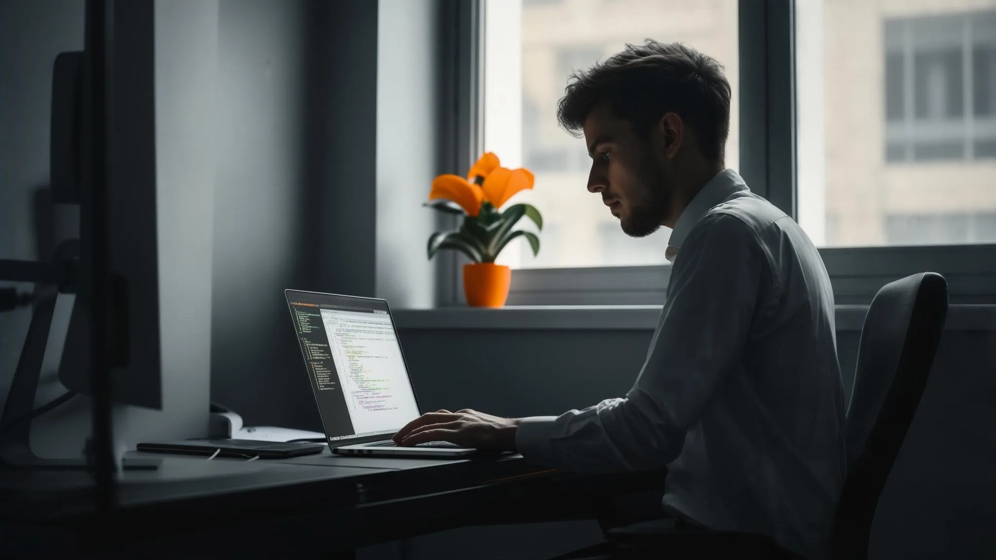 Two engineers reviewing a CI/CD pipeline diagram on a printed document in a well-lit office, small orange plant pot on the windowsill