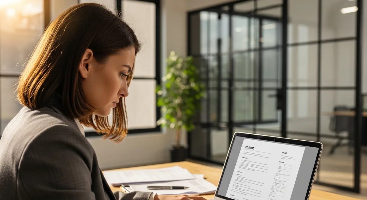 HR manager reviewing nearshore Java developer resumes on laptop