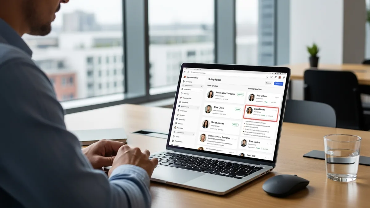 Engineering manager reviewing nearshore .NET developer candidate profiles at modern office