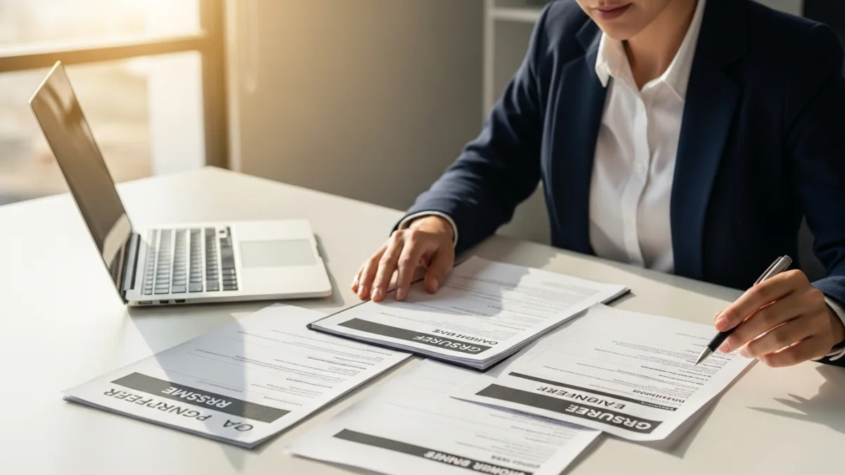HR professional reviewing QA engineer candidate resumes on office desk
