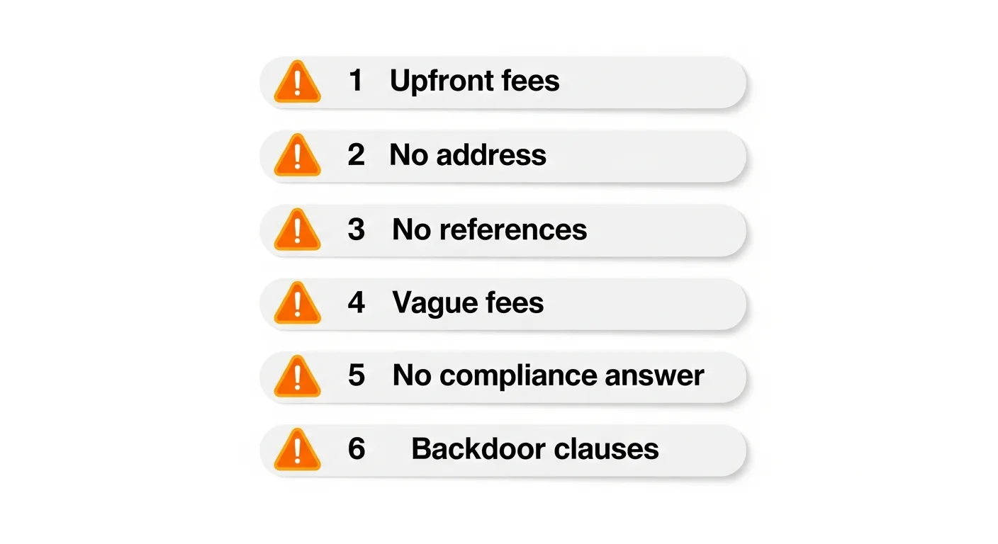 Checklist graphic of six red flags to watch for when vetting an India staffing agency