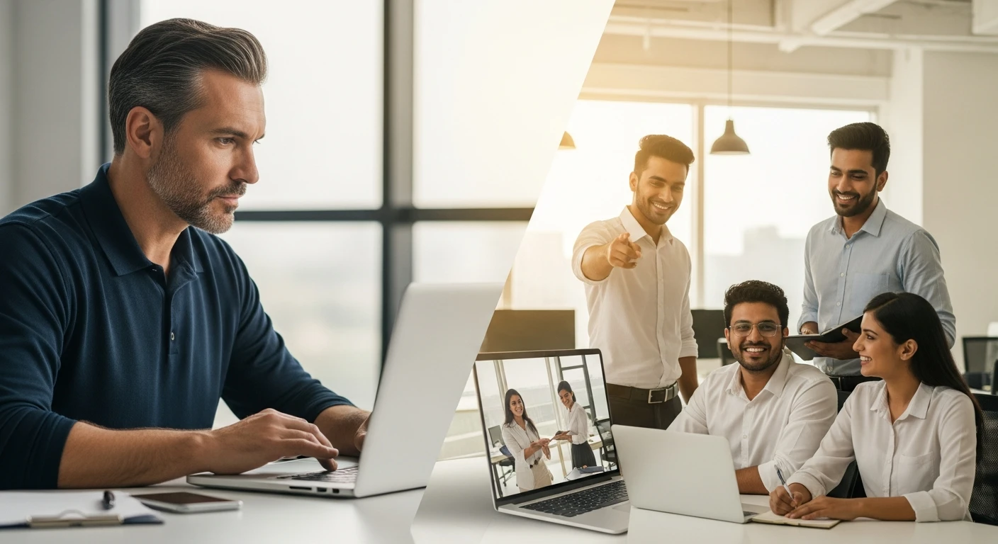 India Staffing Agency vs Traditional Staffing hero image, US hiring manager video call with India team