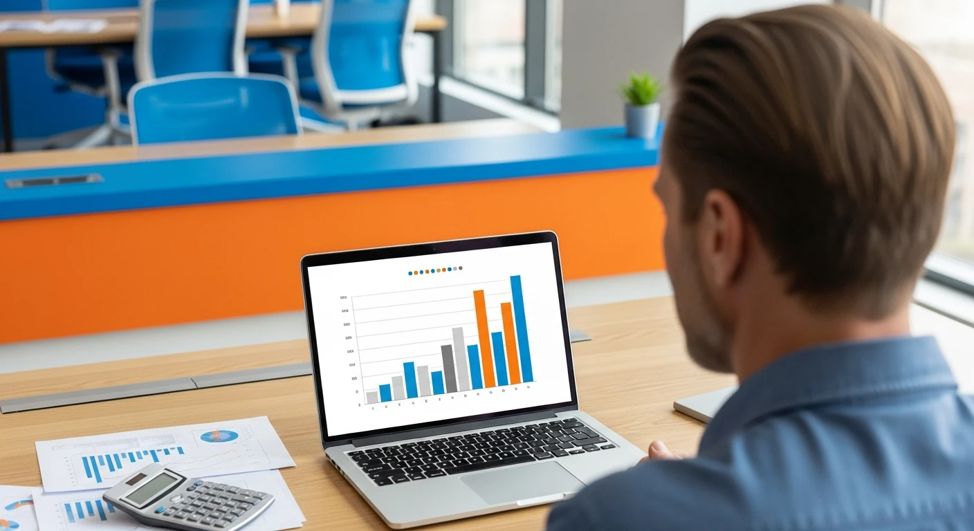 US hiring manager reviewing an India staffing agency cost breakdown chart on a laptop