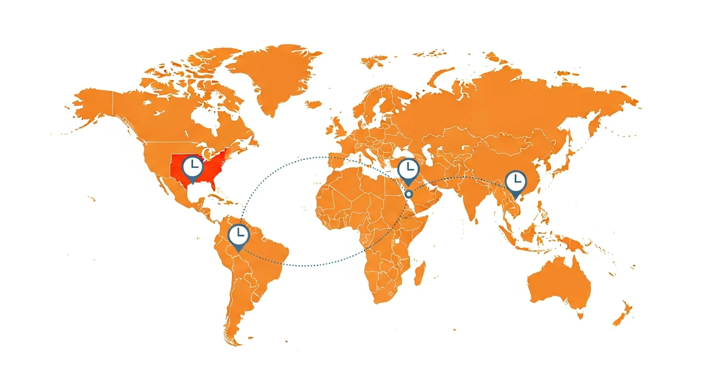 World map showing India Standard Time overlap window with US Eastern business hours for offshore staffing