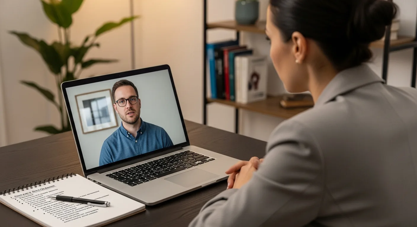 Engineering manager conducting structured Java developer technical interview via video call