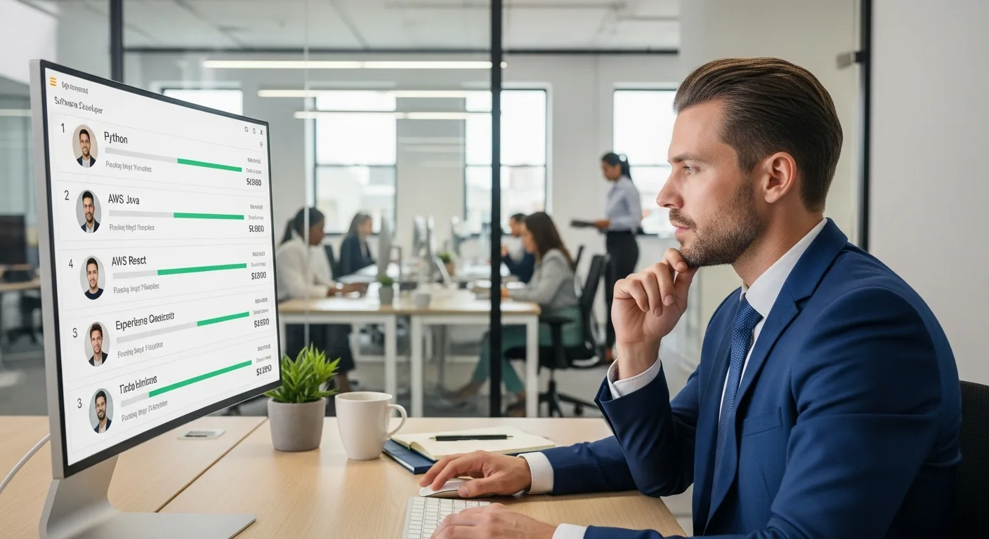 Recruiter reviewing ranked Java developer candidate profiles on a large monitor in a glass-walled office