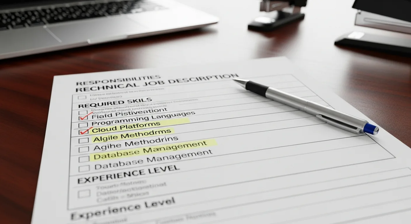 Technical job description document with required skills checklist and experience level section