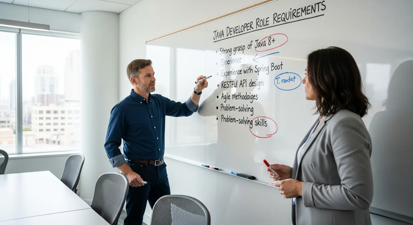 Tech lead and HR manager defining Java developer role requirements on whiteboard in bright conference room