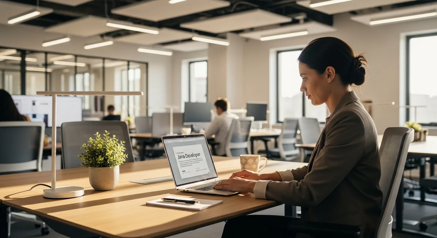 Java developer job description template open on laptop in modern office