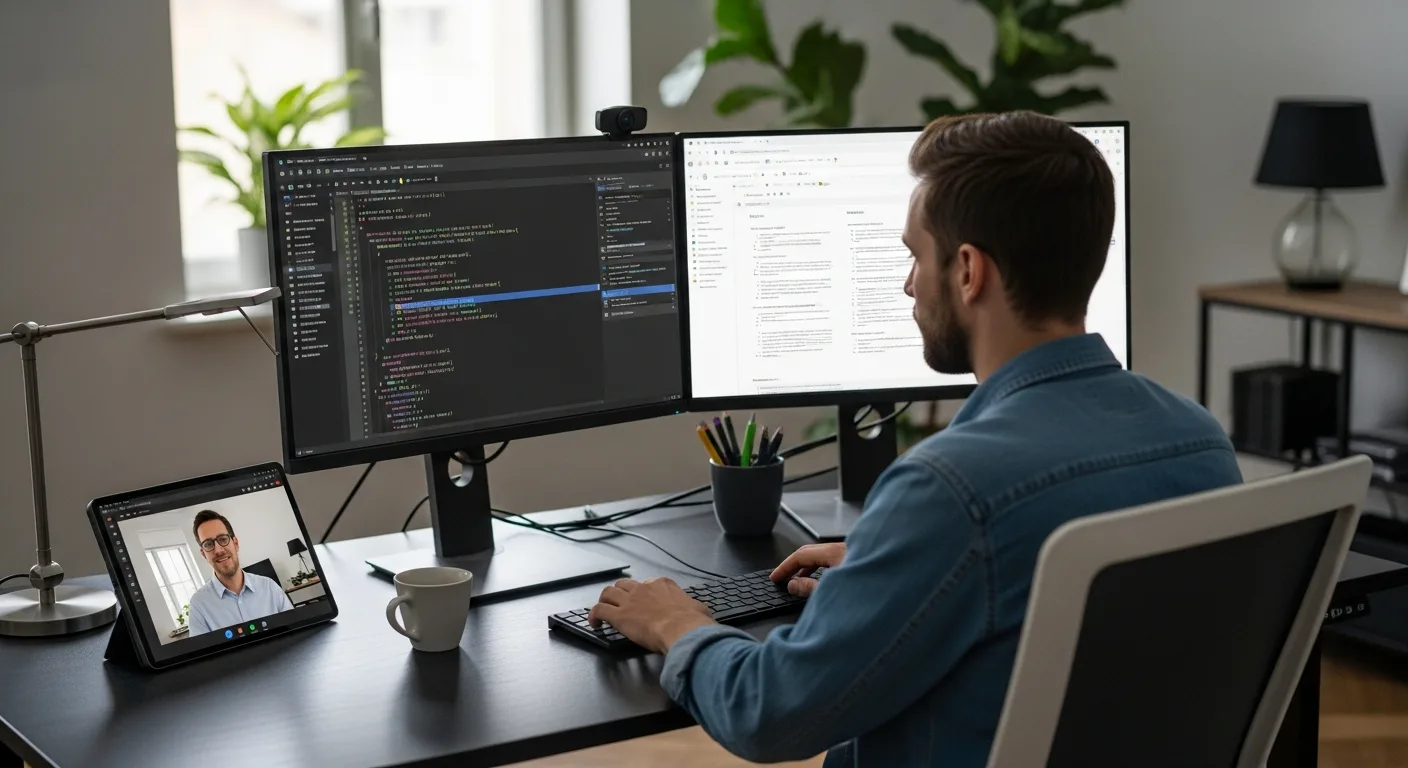 Java developer writing Spring Boot code on dual monitors during live coding assessment with interviewer on video