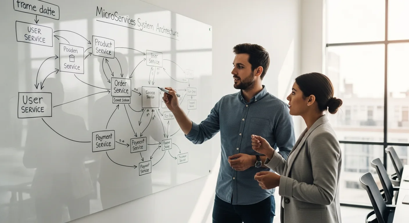 Two engineers reviewing microservices architecture diagram during Java developer system design interview