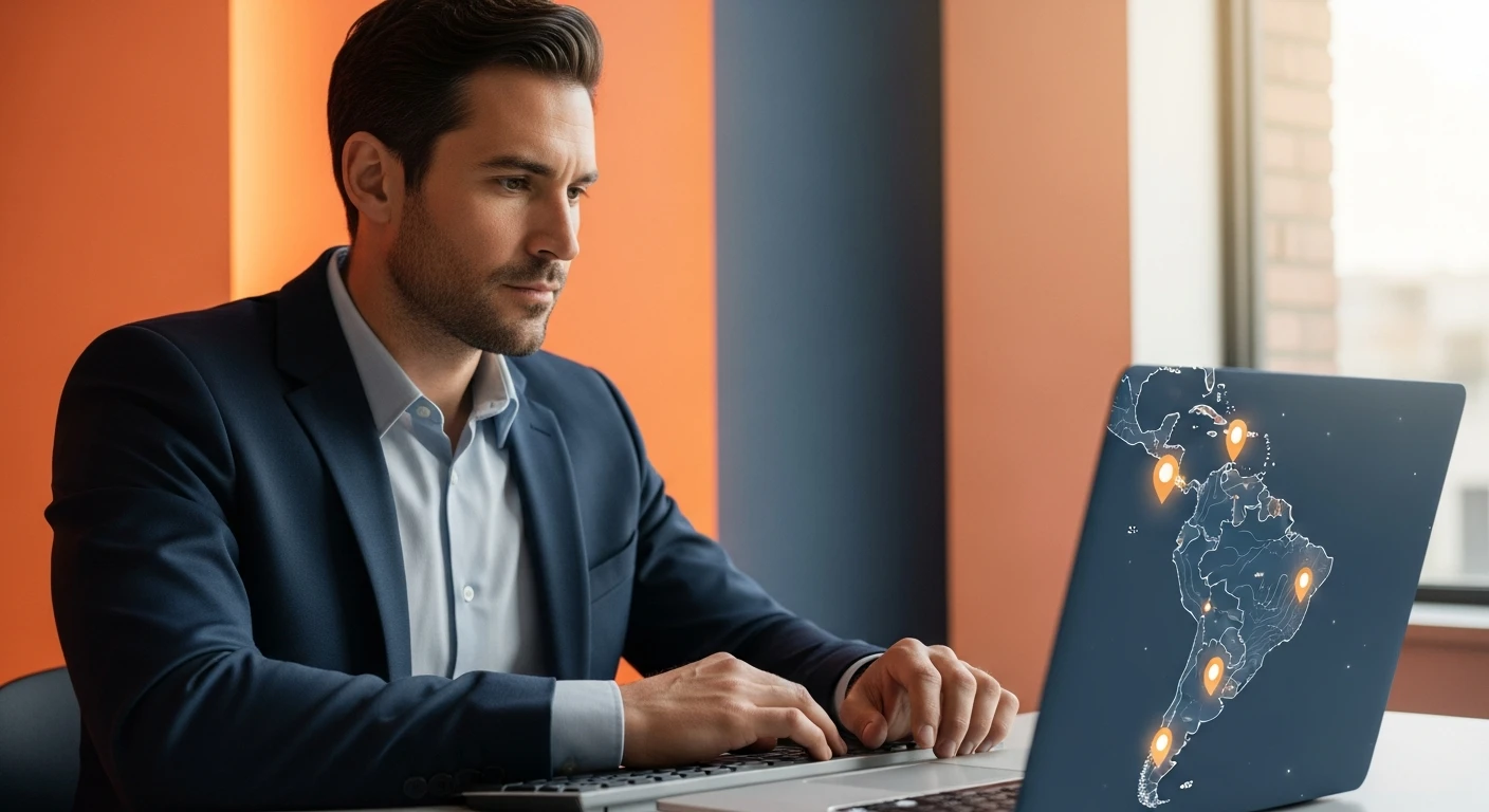 US hiring manager reviewing Latin America staffing rate data on a laptop with a regional map showing country cost tiers