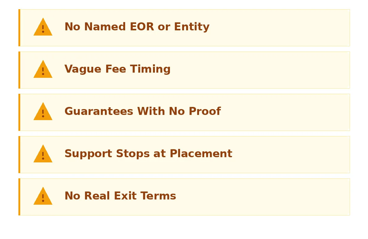 Latin America staffing partner red flags checklist with warning icons for missing EOR, vague fee timing, empty guarantees, and weak exit terms