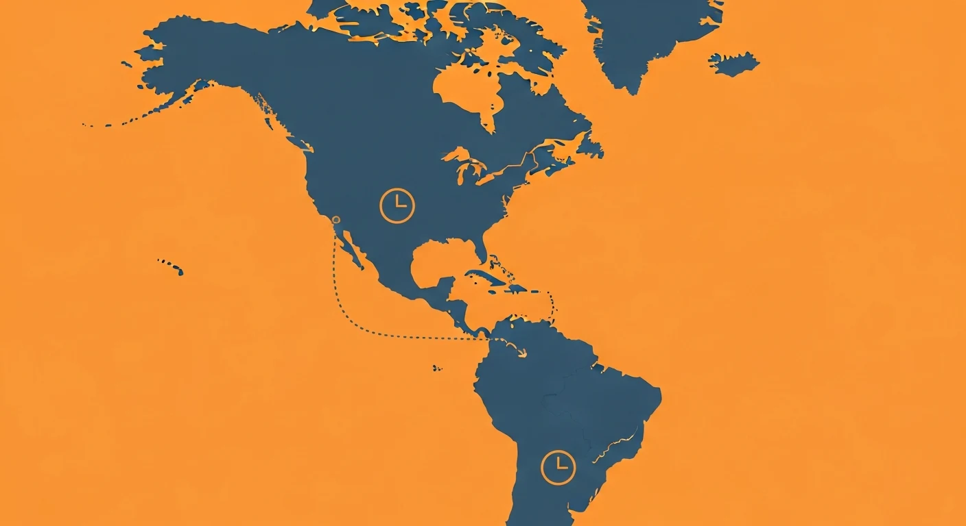 map graphic showing US timezone overlap with Colombia, Mexico, Argentina, and Brazil for Latin America staffing
