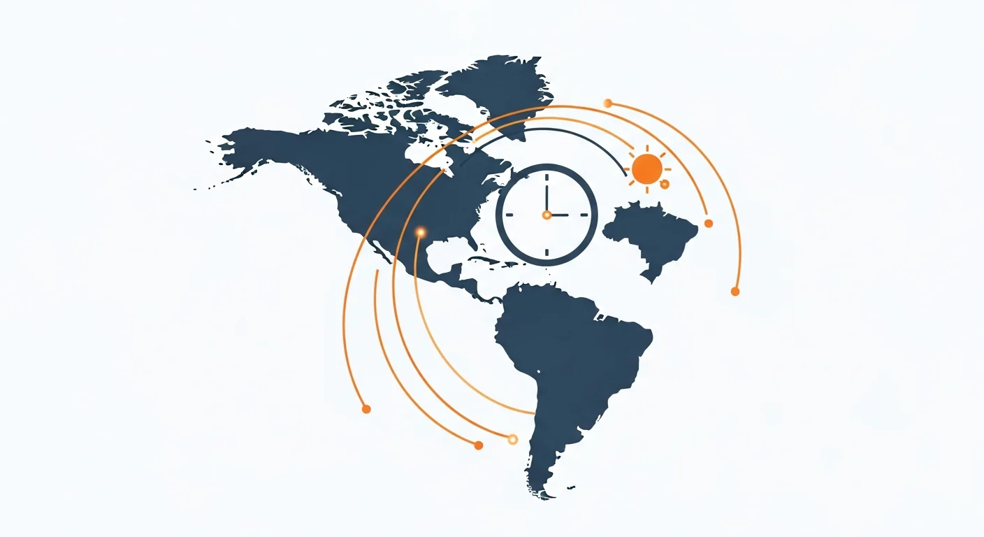Map showing one to three hour timezone overlap between major Latin America hiring hubs and US business hours compared with an eight to fourteen hour offshore Asia gap