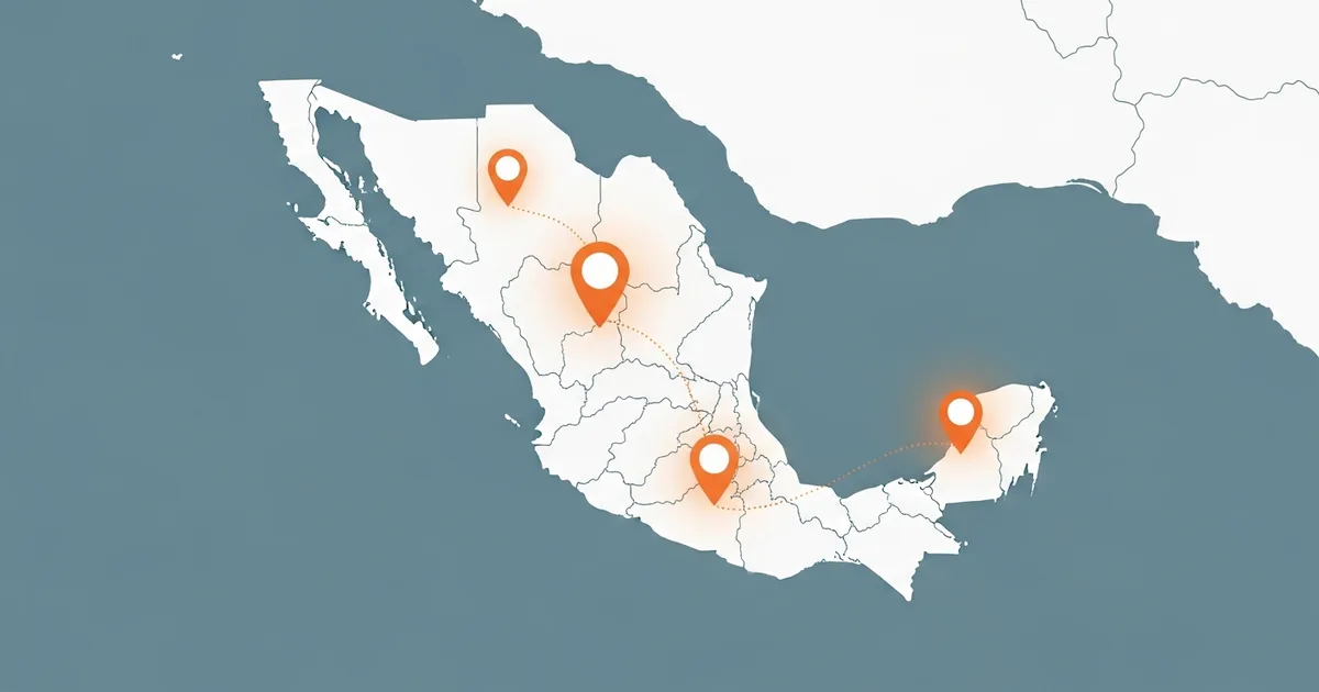 map style graphic comparing mexico city guadalajara and monterrey nearshore talent hubs by developer pool and time zone