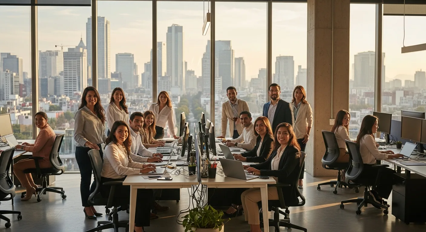 Mexico staffing agency team collaborating in a Mexico City office overlooking the skyline
