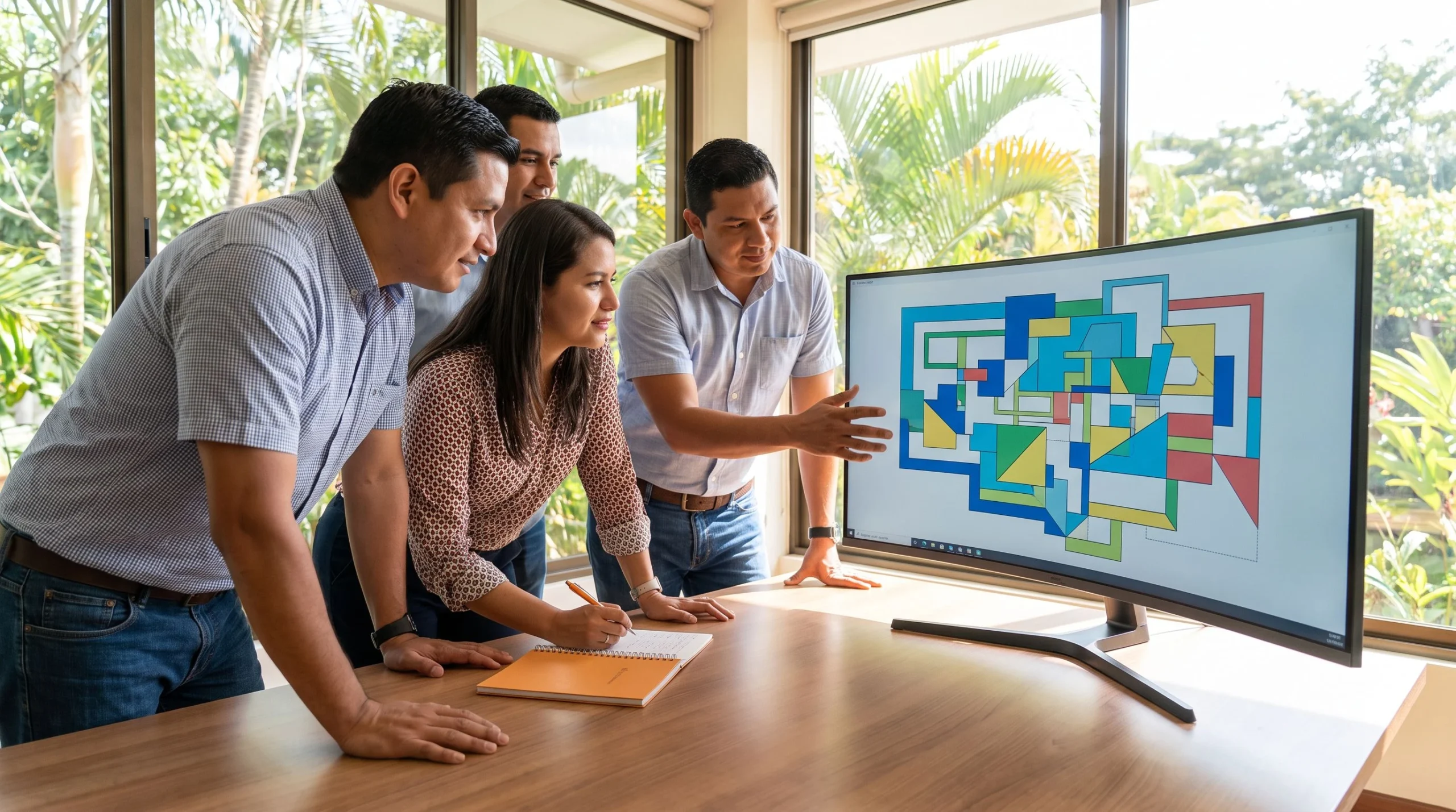Costa Rica nearshore engineering team reviewing an Angular application on a large monitor in a modern office