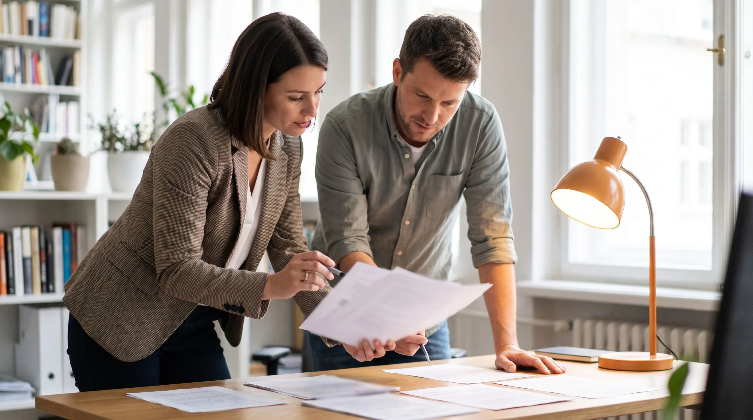 HR manager and Angular developer reviewing an employment offer and compensation breakdown at an office desk
