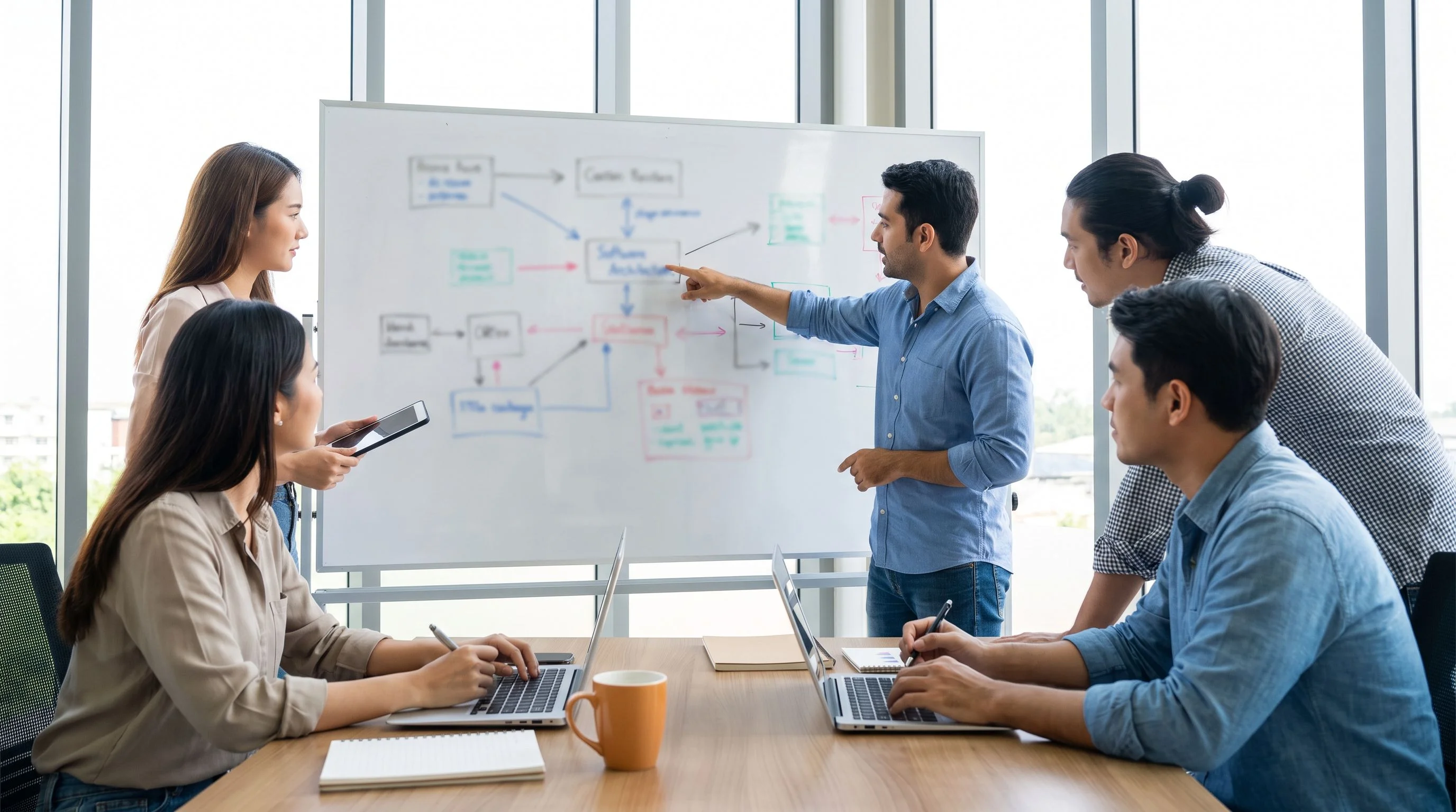 Engineering team whiteboarding Angular developer requirements and state management decisions