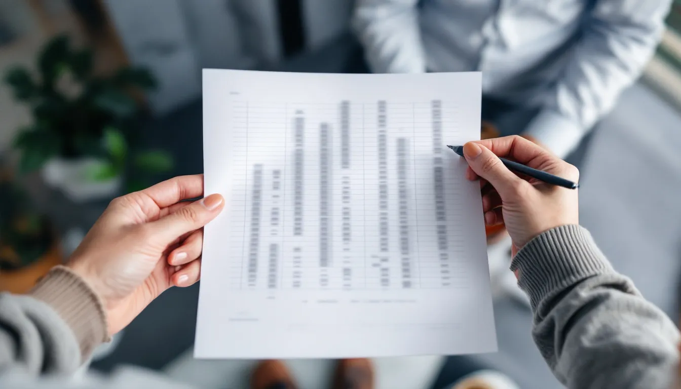 Two colleagues reviewing a total cost of hire breakdown spreadsheet over the shoulder in an office