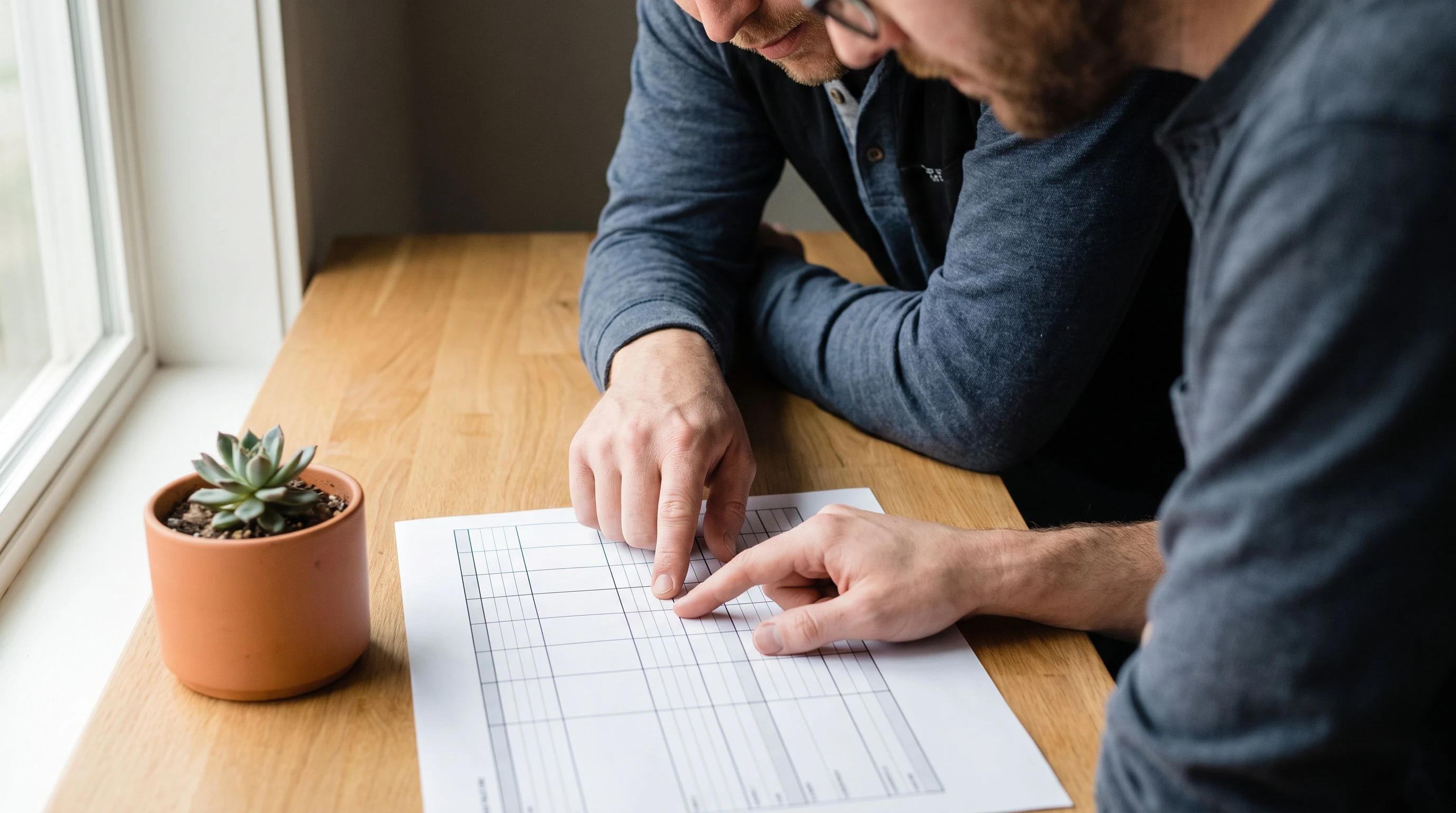 Two colleagues discussing rate factors over a printed document in a nearshore staffing office