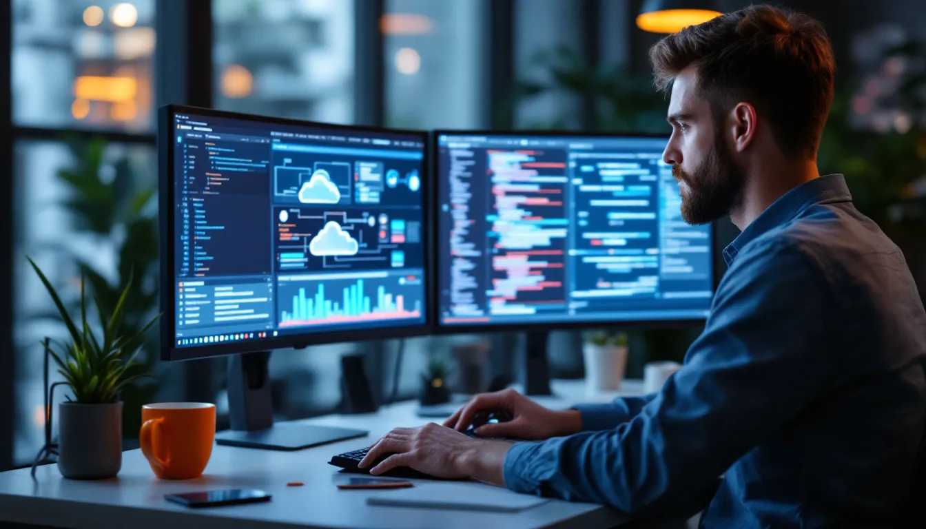 Cloud engineer working at dual monitors comparing nearshore Azure engineer salary data