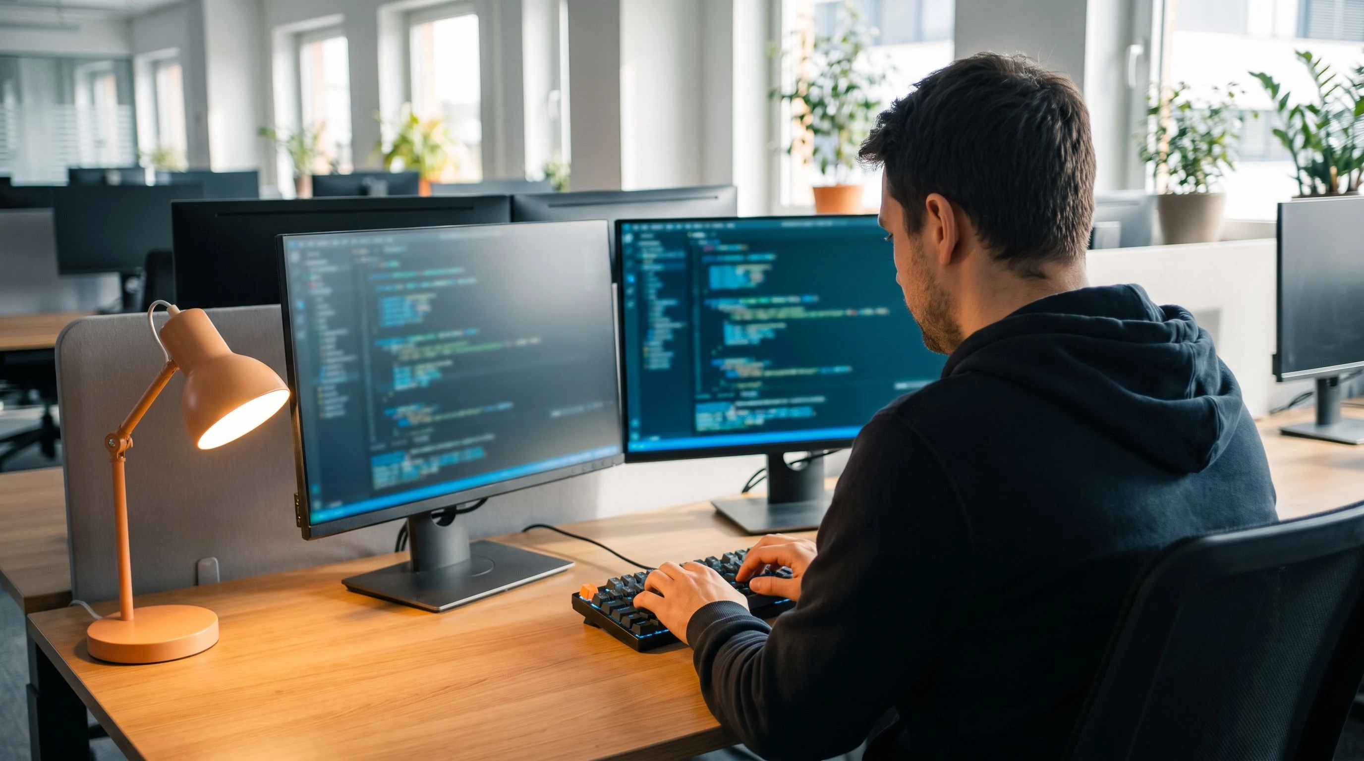Azure engineer working through a cloud infrastructure technical screening assessment on dual monitors