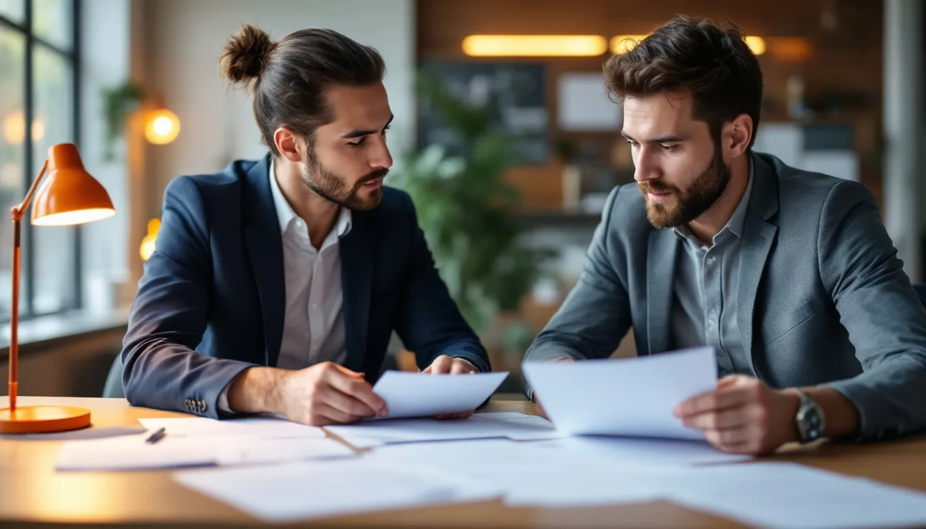 HR manager and Azure engineer reviewing employment contract and compensation documents