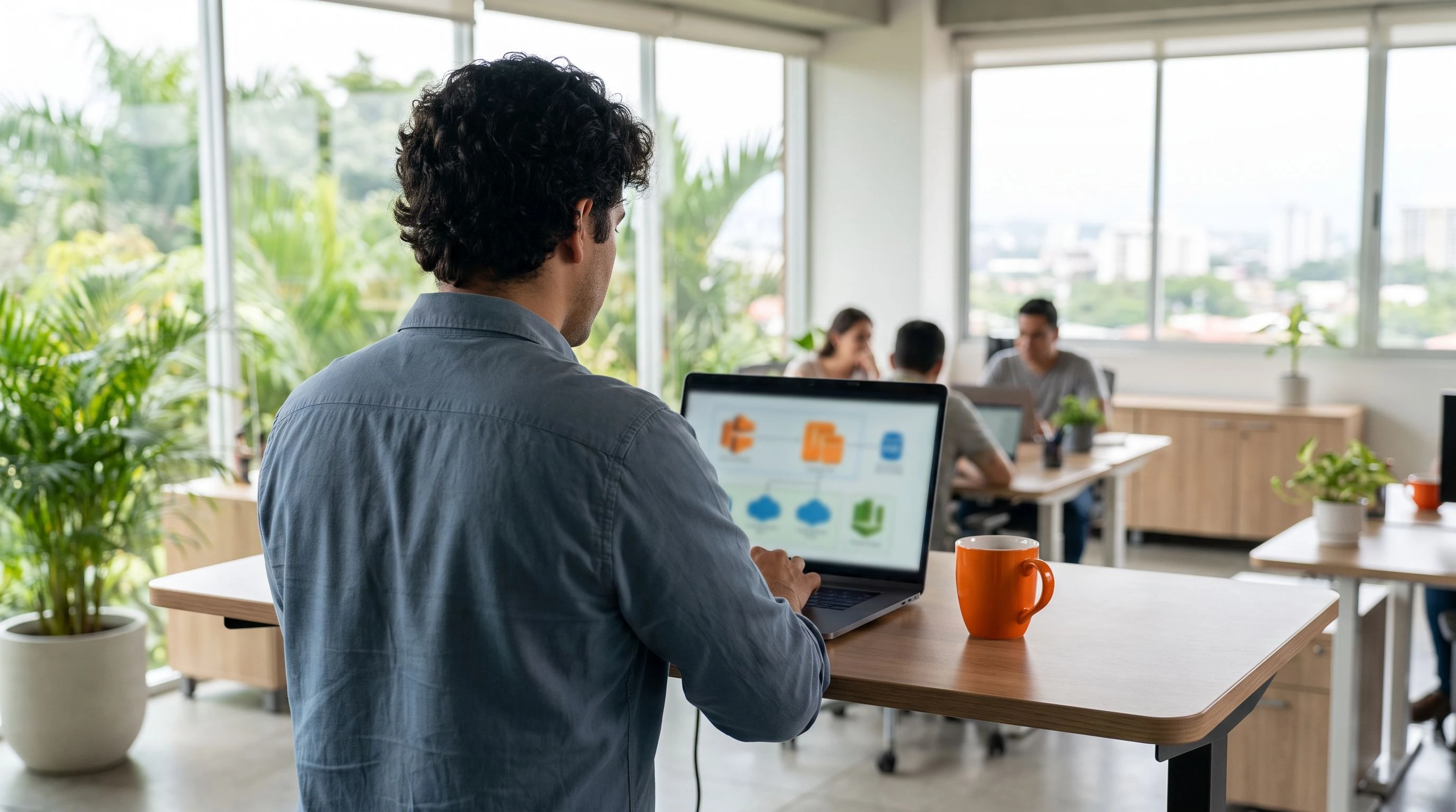 Nearshore Azure engineer in Costa Rica reviewing infrastructure architecture over the shoulder in a modern office