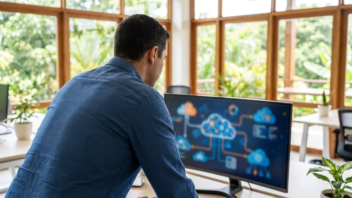 Cloud engineer reviewing a cloud architecture diagram over the shoulder in a bright Costa Rica office