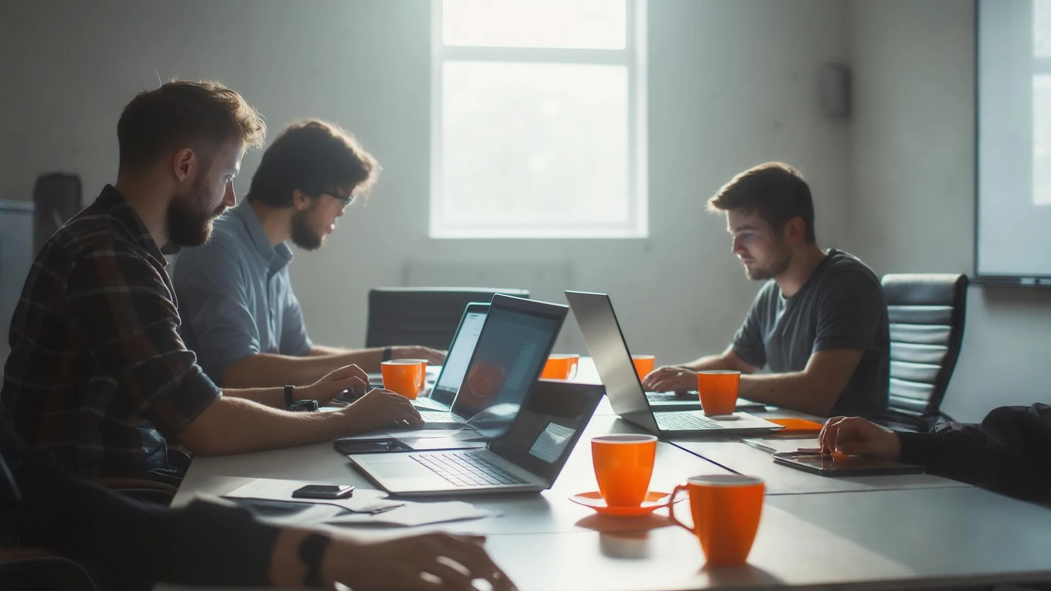Team of three engineers collaborating on infrastructure work at a shared table with laptops, orange coffee cups visible on the table