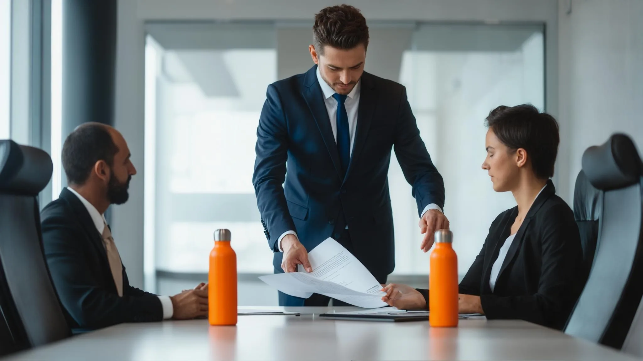 Recruiter presenting a job offer document to an engineer across a conference table in a bright room, orange water bottles visible