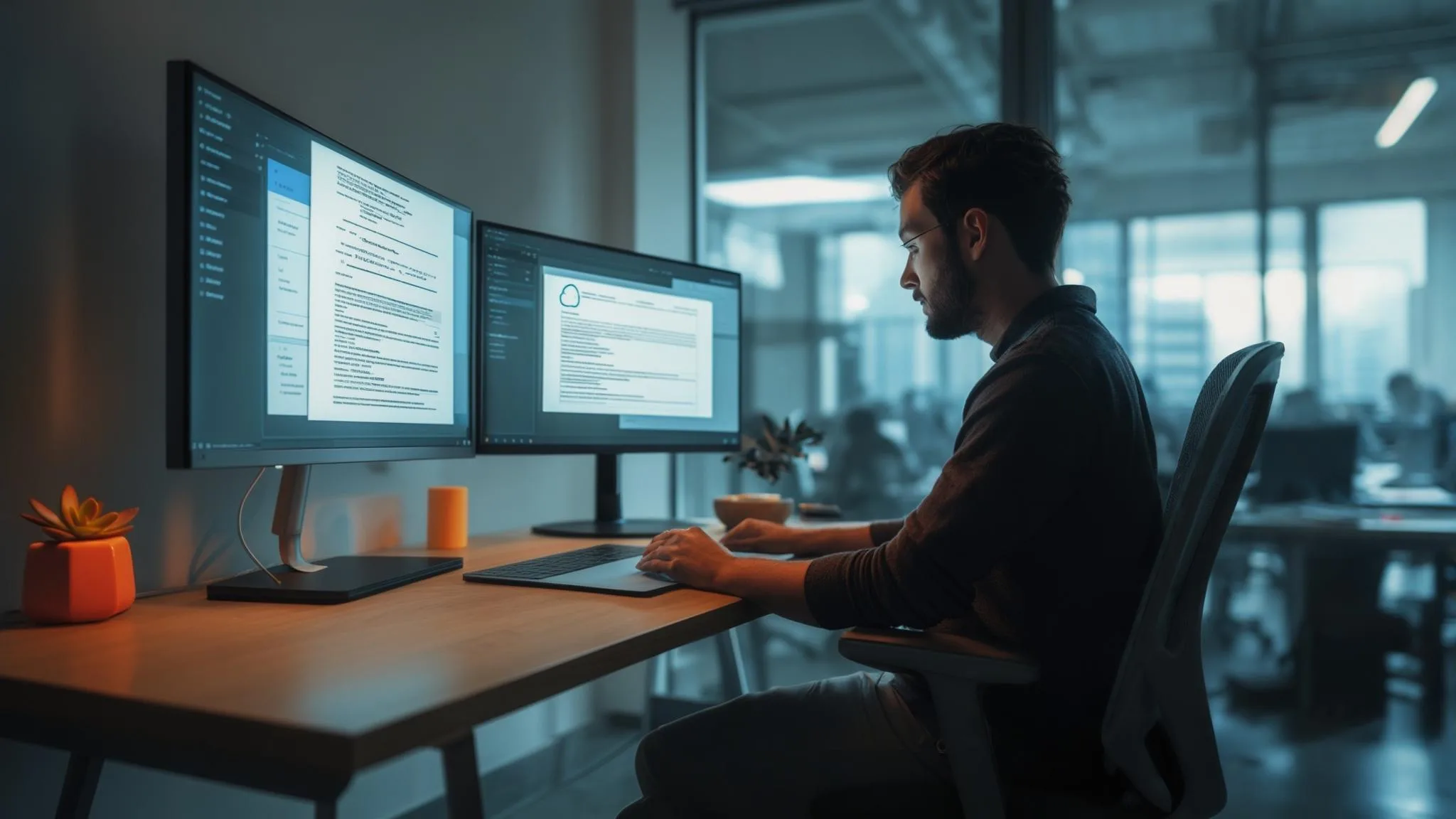 Cloud engineer reviewing multi-platform architecture documentation on dual monitors in a bright office, small orange succulent on the desk
