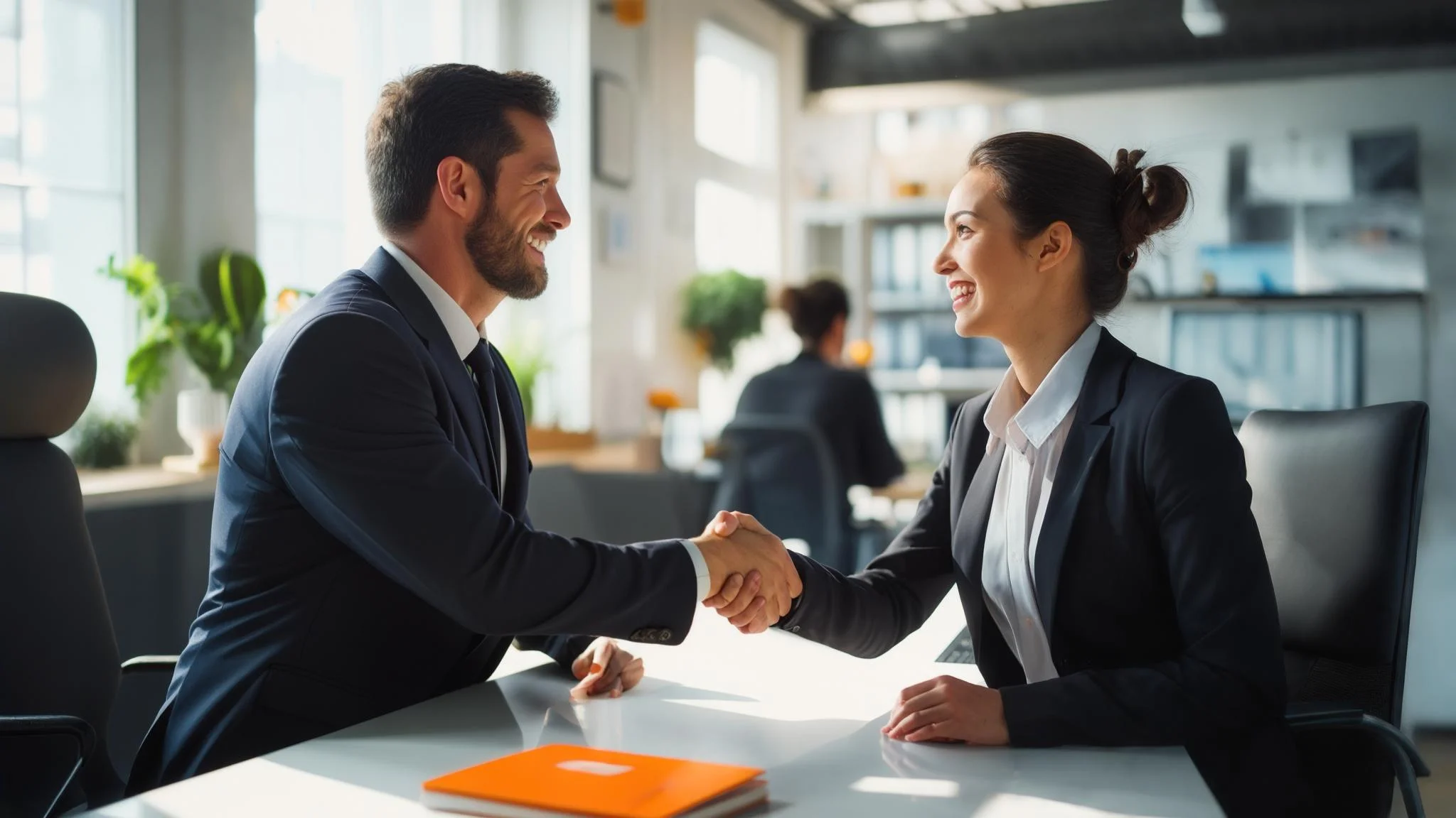 Data engineer making a confident offer handshake at a modern office meeting room with orange accent decor