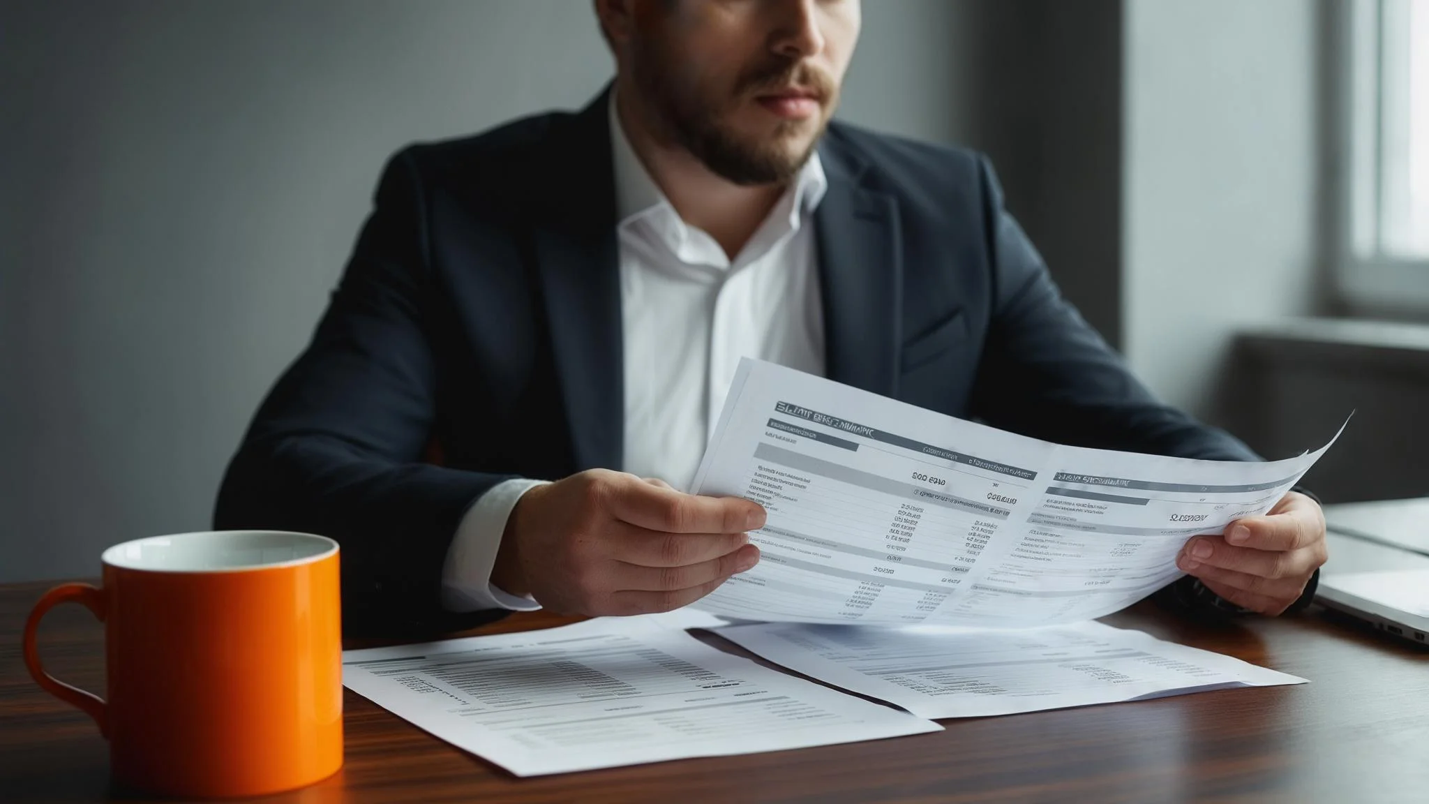 Data engineering manager reviewing salary budget spreadsheets at a modern office desk with an orange accent lamp