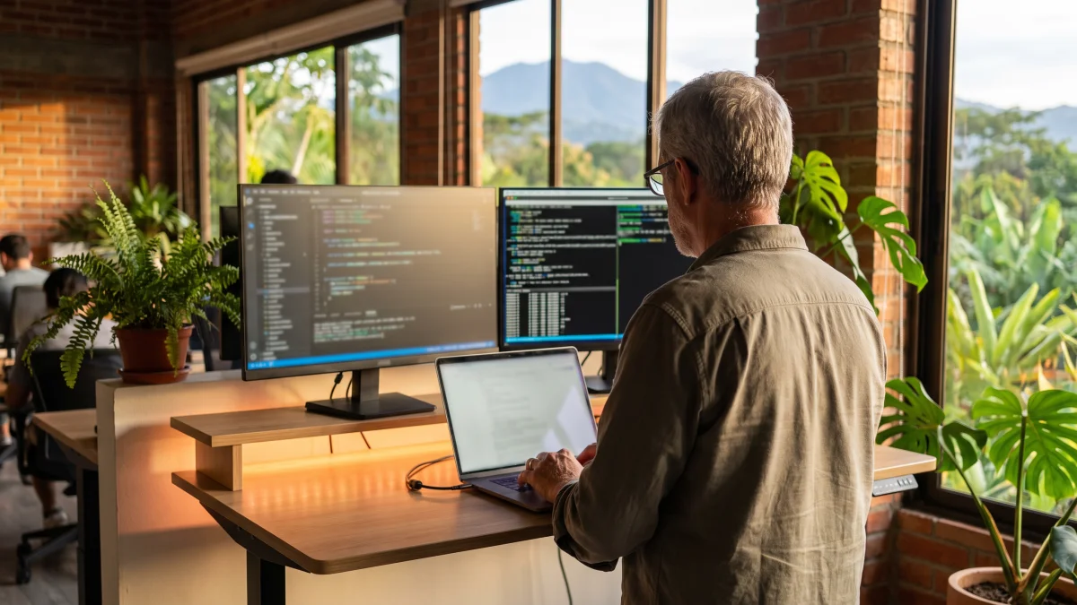 Senior DevOps engineer working over-the-shoulder at a standing desk in a bright Costa Rica tech office with mountain views