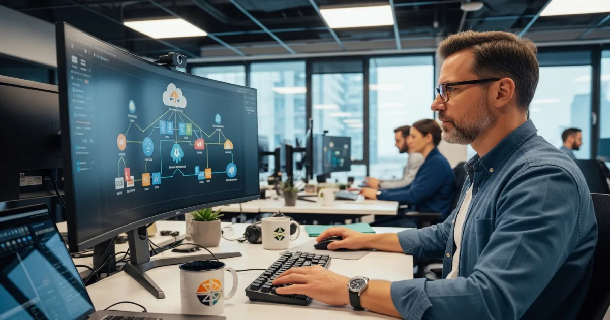 Senior full stack developer working on cloud-native architecture in modern office
