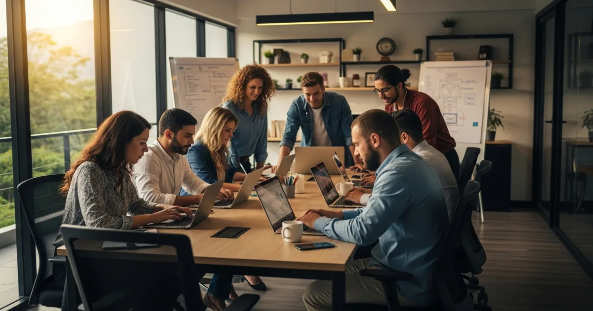 Engineering manager reviewing nearshore full stack developer candidate profiles in modern office