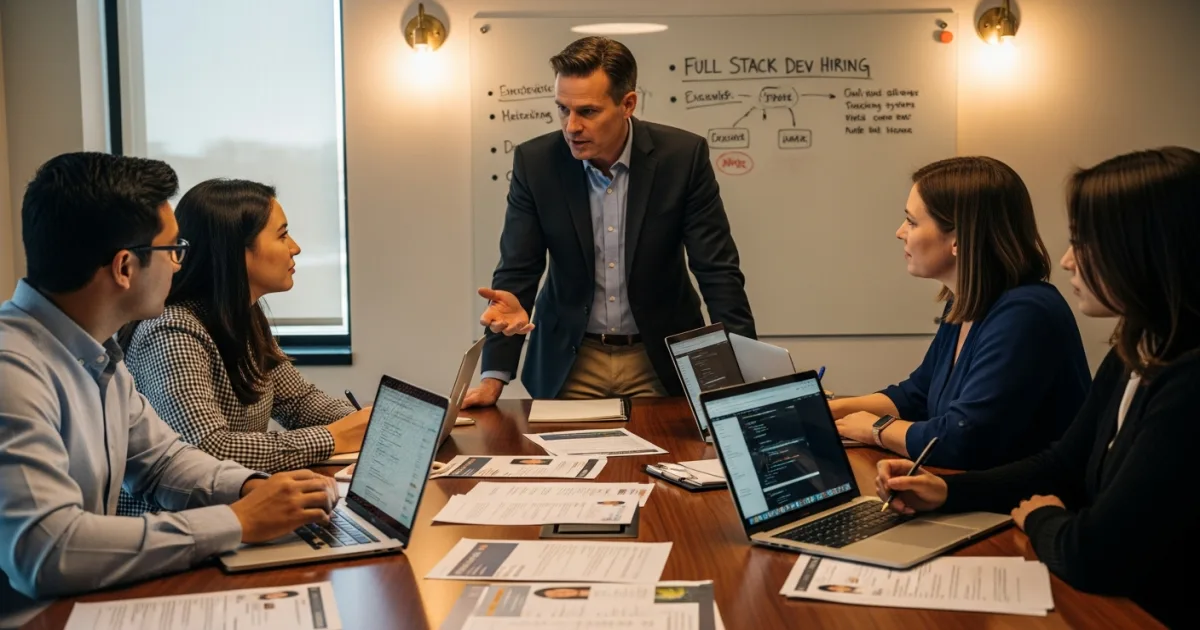 US engineering team discussing full stack developer hiring requirements around conference table