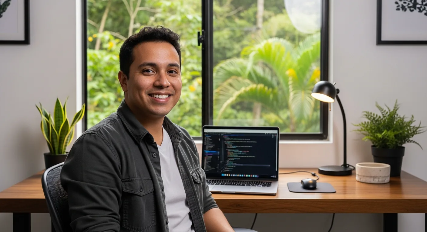 Costa Rica Java developer working remotely from a modern home office with tropical greenery visible through window