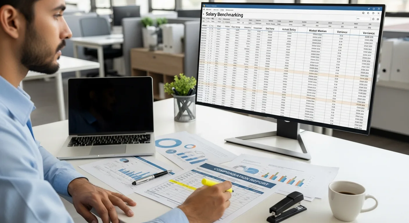 HR analyst reviewing nearshore Java developer salary benchmarking data on large monitor with printed charts