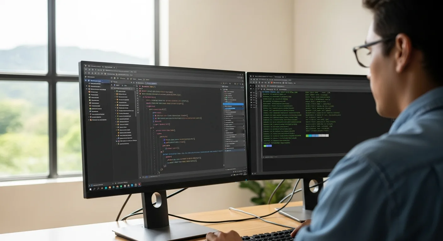 Java developer in Costa Rica working on Spring Boot microservices code with multiple monitors showing IDE and terminal