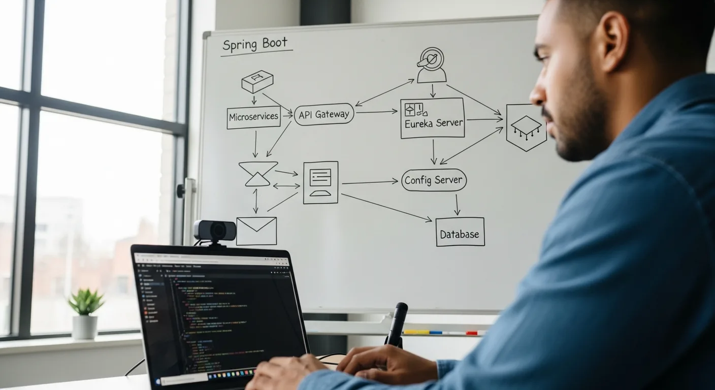 Technical interview screen for a nearshore Java developer showing live coding assessment with Spring Boot architecture diagram