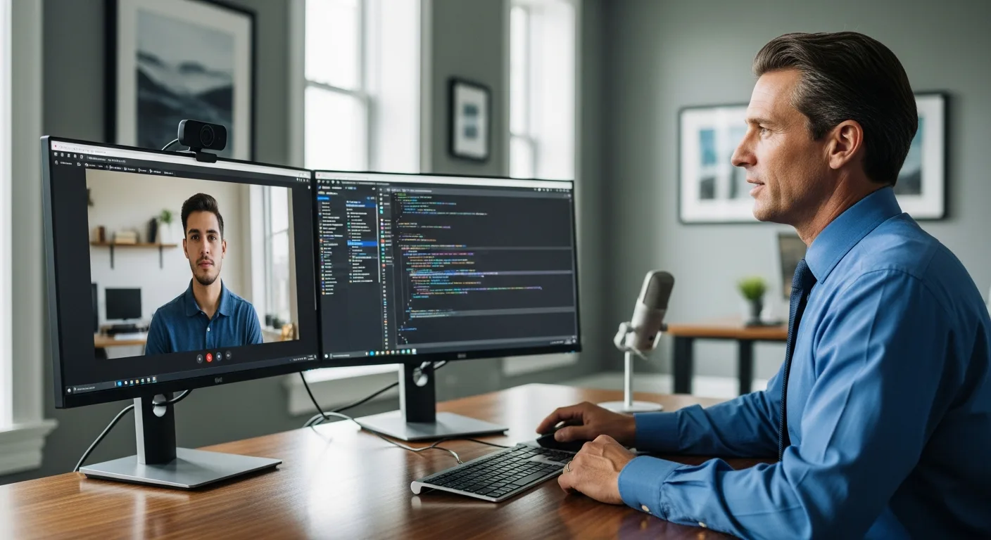 US hiring manager conducting video interview with nearshore Java developer from Costa Rica with code visible on second monitor