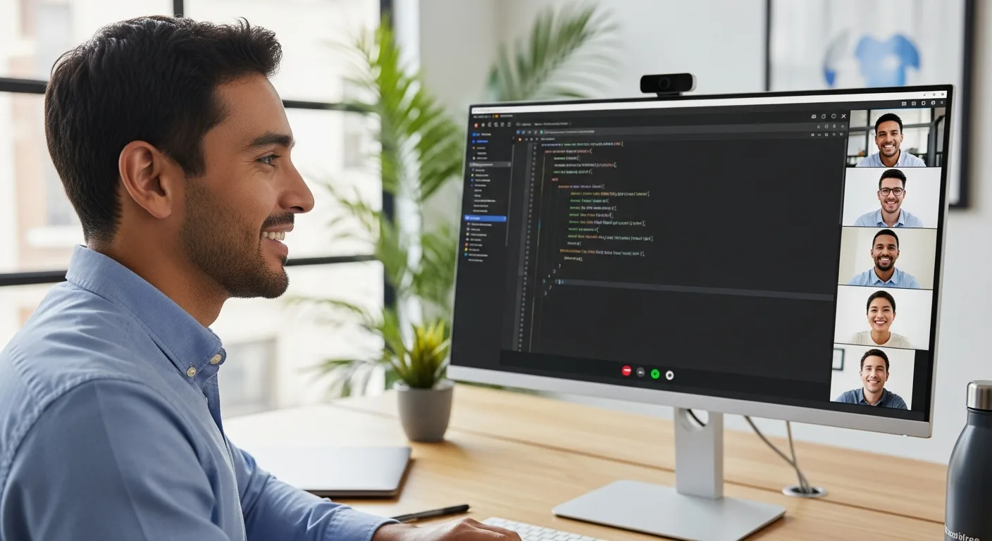 Nearshore Java developer from Costa Rica in a video standup with a US engineering team reviewing Spring Boot microservices architecture